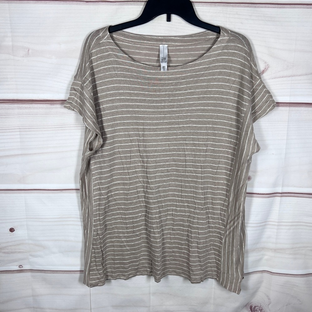 MarlaWynne Top Womens Large Tan Striped Linen Knit Short Sleeve Boat Neck Tee